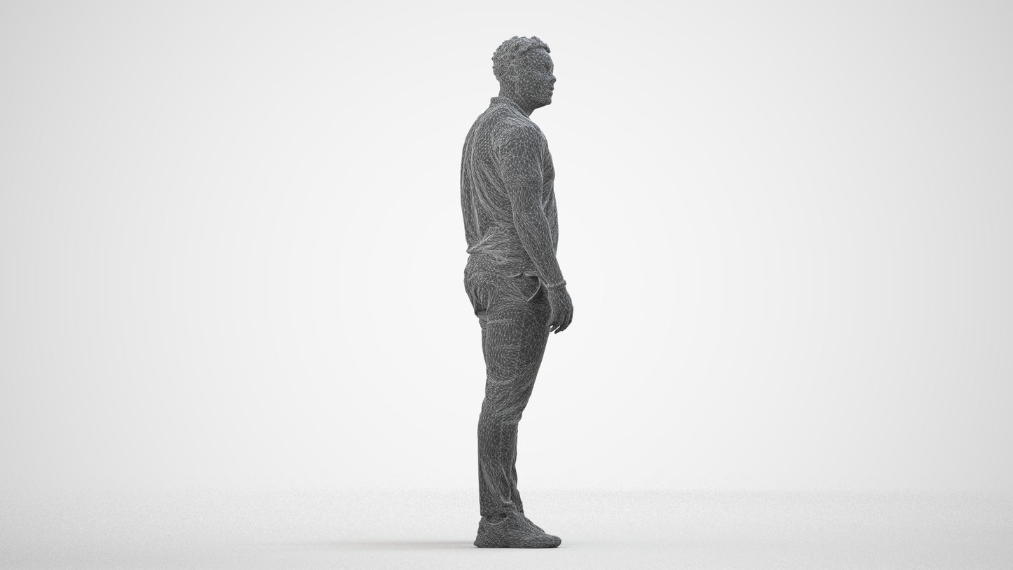 3D human model man casual standing, photogrammetry scanned person for archviz, wireframe side view