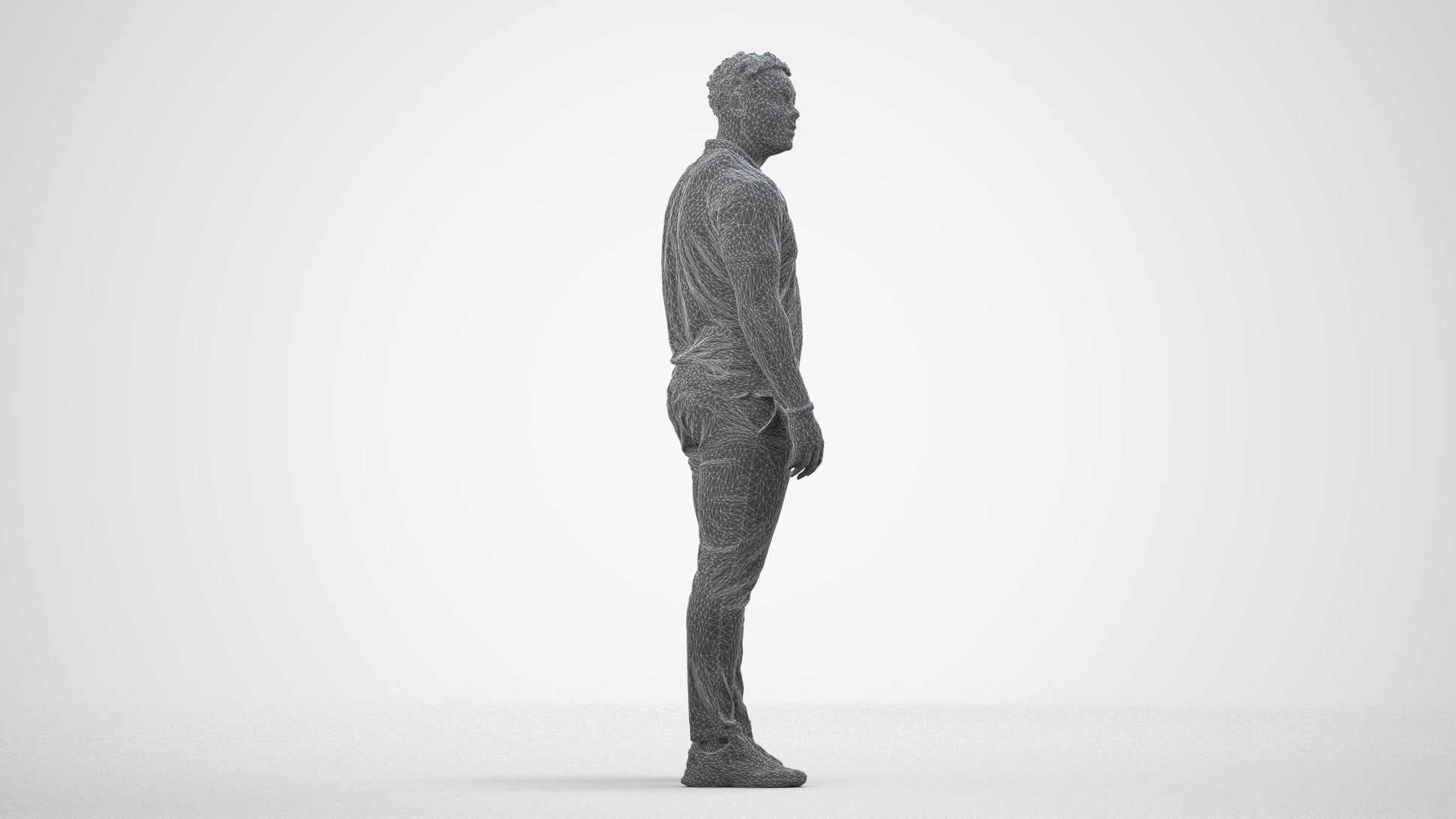 3D human model man casual standing, photogrammetry scanned person for archviz, wireframe side view