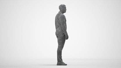 3D human model man casual standing, photogrammetry scanned person for archviz, wireframe side view
