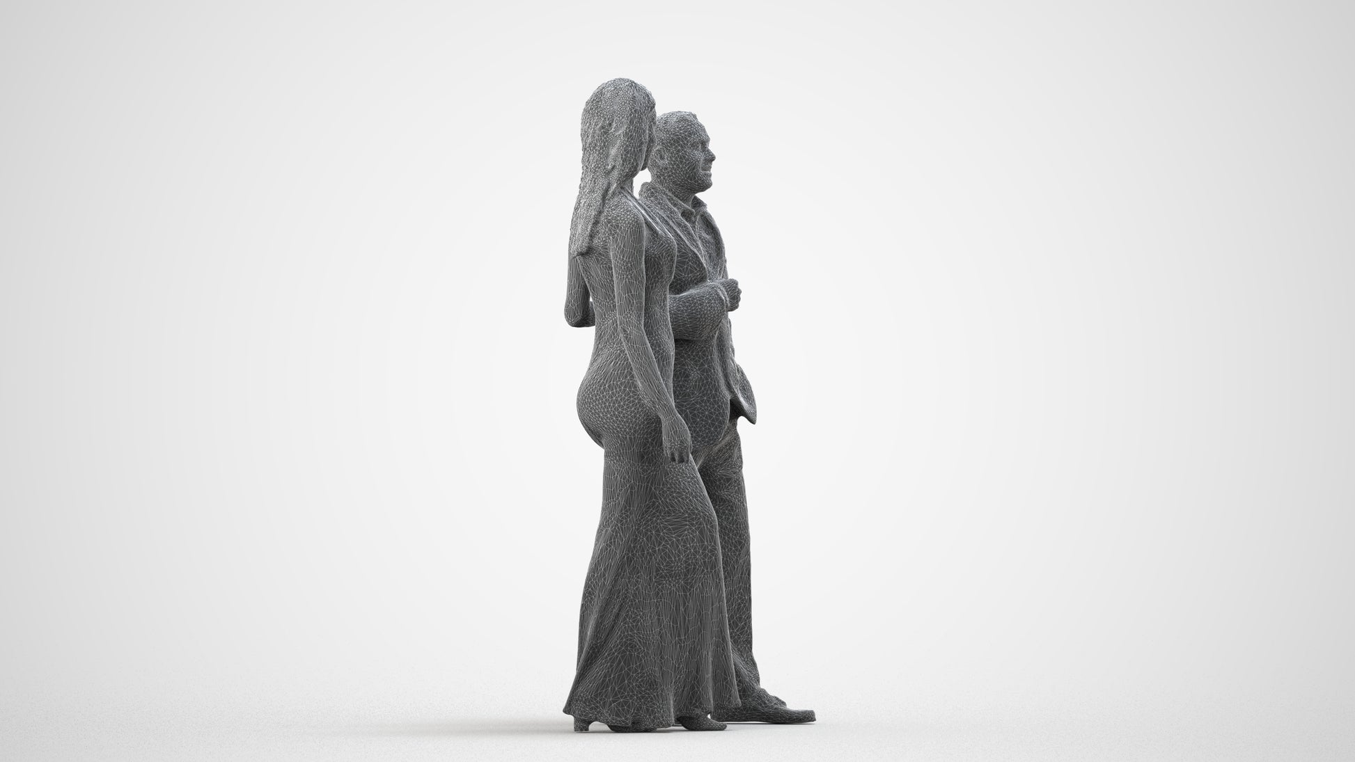 3D human model woman formal couple, photogrammetry scanned person for archviz, wireframe side view