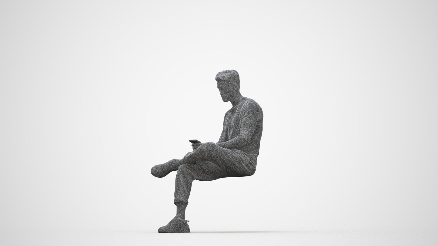 3D human model man casual sitting, photogrammetry scanned person for archviz, wireframe back view