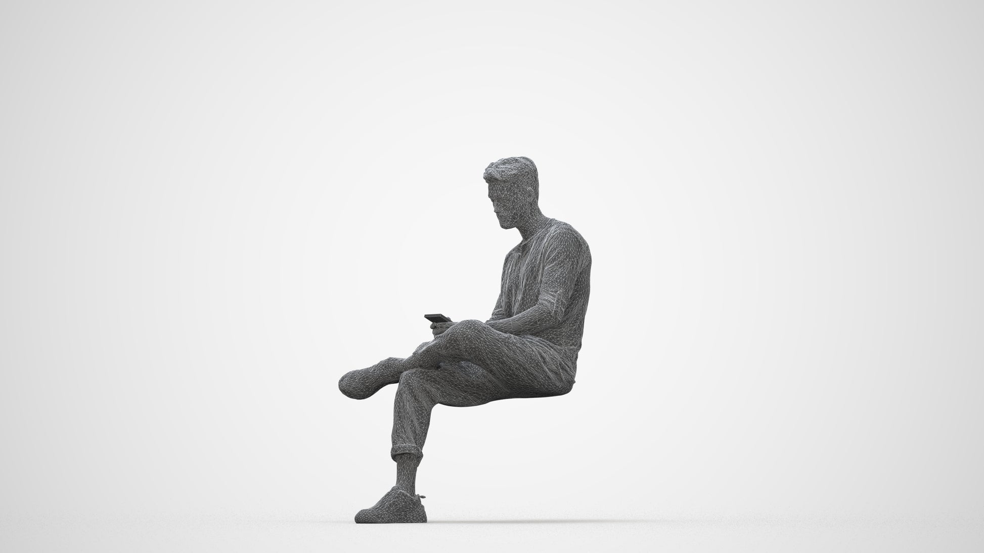 3D human model man casual sitting, photogrammetry scanned person for archviz, wireframe back view