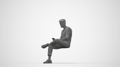 3D human model man casual sitting, photogrammetry scanned person for archviz, wireframe back view