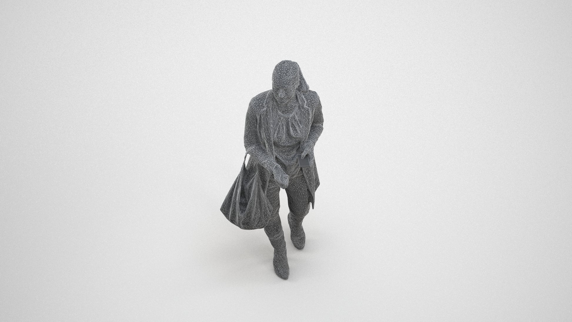 3D human model woman business walking, photogrammetry scanned person for archviz, wireframe three-quarter view
