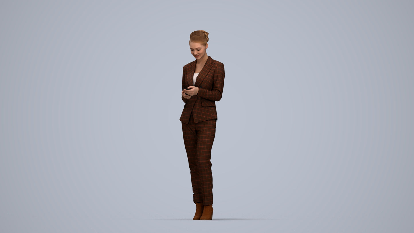 3D human model woman business standing, photogrammetry scanned person for archviz, top-down view render