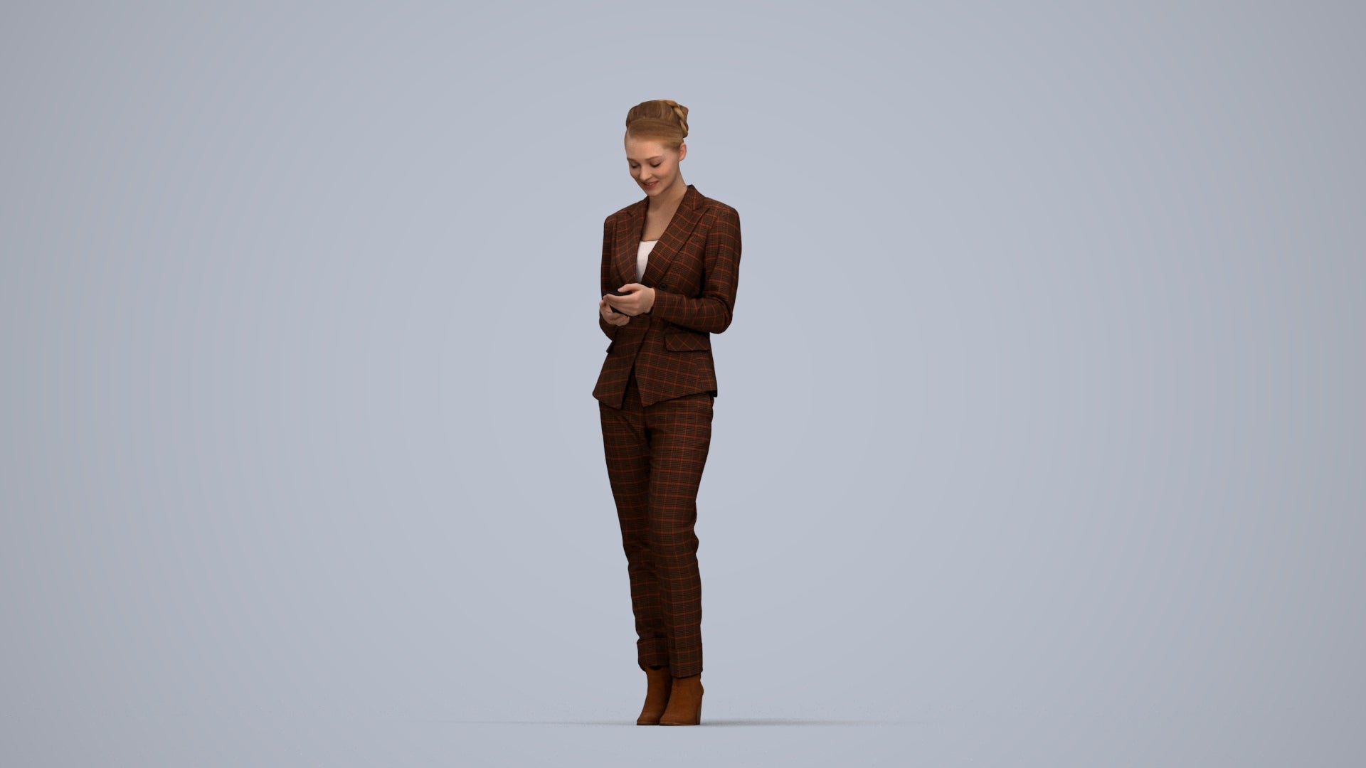 3D human model woman business standing, photogrammetry scanned person for archviz, top-down view render