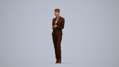 3D human model woman business standing, photogrammetry scanned person for archviz, top-down view render