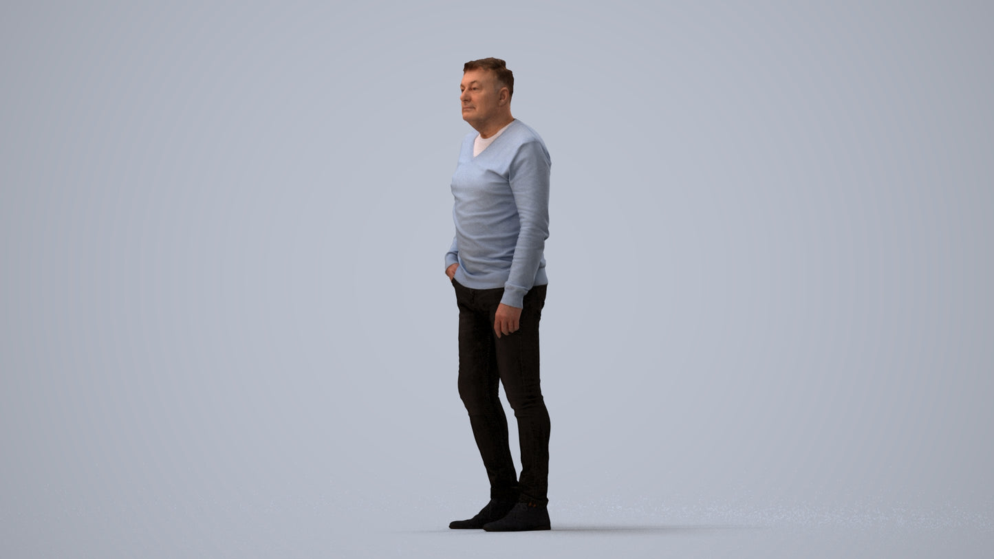 3D human model man casual standing, photogrammetry scanned person for archviz, three-quarter view render