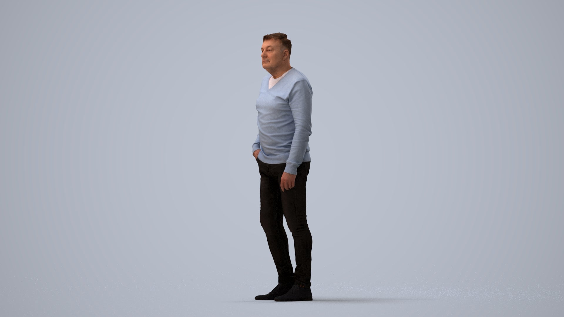 3D human model man casual standing, photogrammetry scanned person for archviz, three-quarter view render