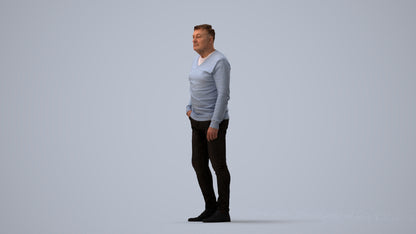3D human model man casual standing, photogrammetry scanned person for archviz, three-quarter view render