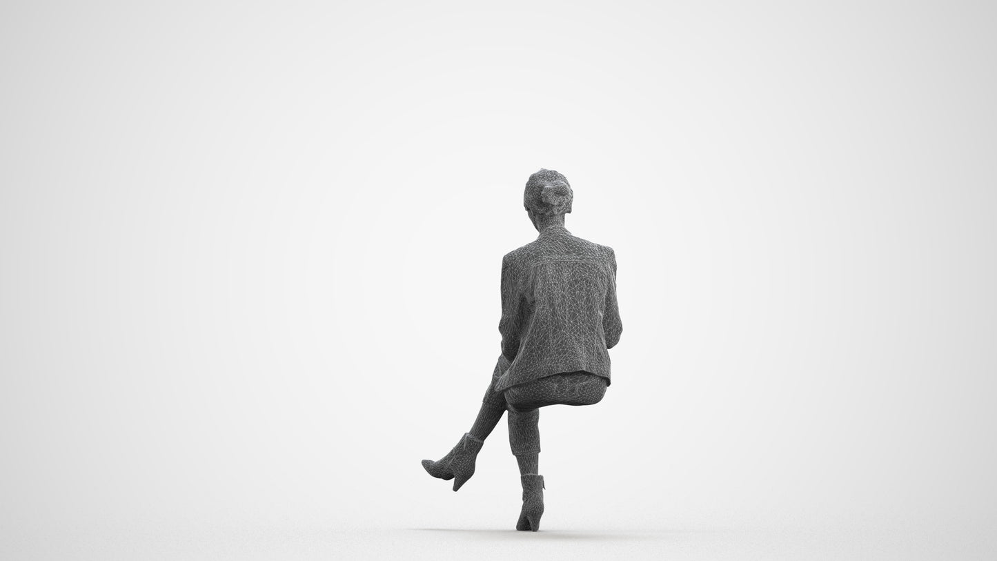 realistic 3D human woman business sitting, archviz people FBX OBJ for Blender, wireframe front view