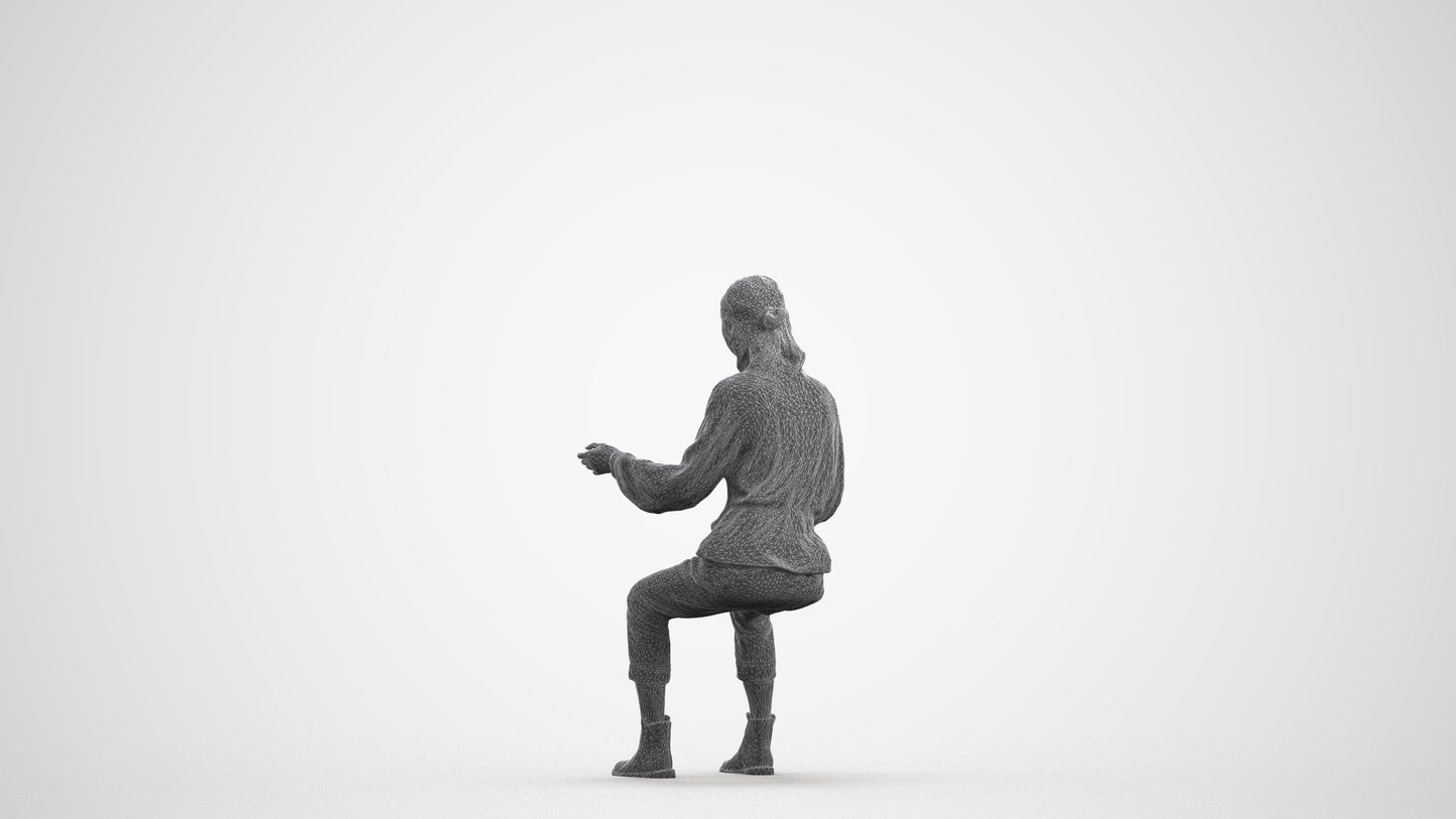 3D scanned woman sitting casual, photorealistic archviz people for Enscape and SketchUp, wireframe front view