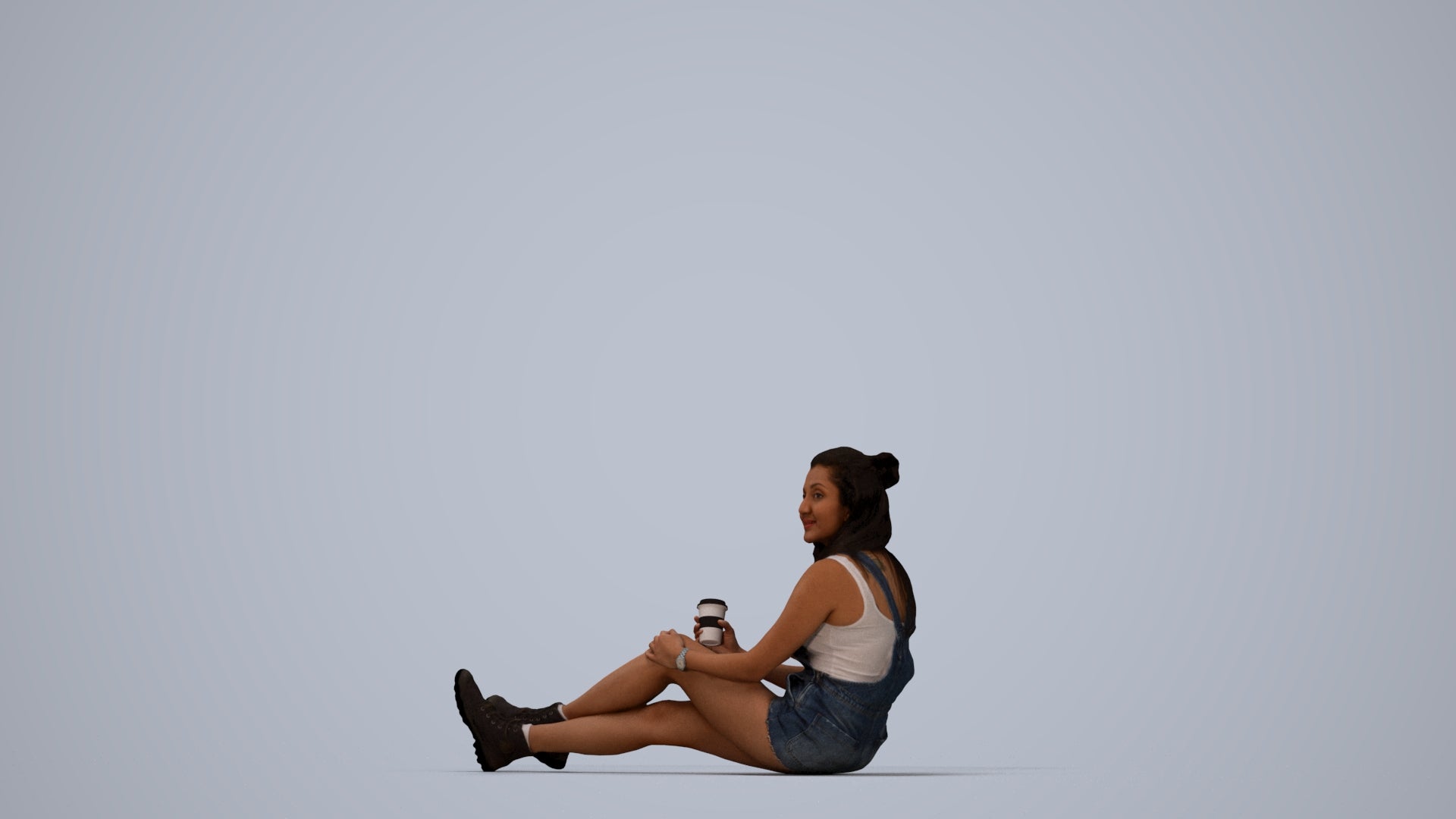 scanned 3D woman casual sitting, photogrammetry people for Enscape and V-Ray, top-down view render