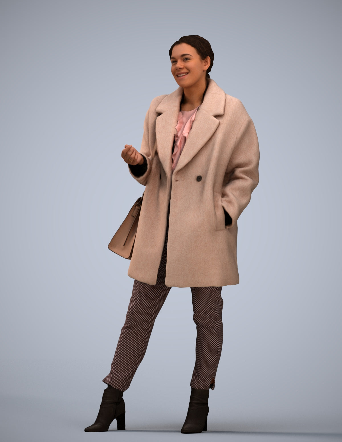 3D human model woman business standing, photogrammetry scanned person for archviz