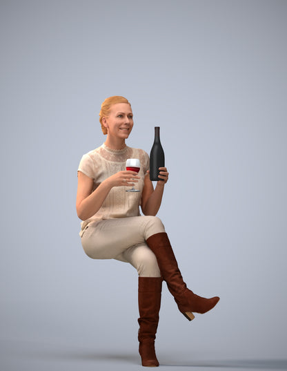 3D human model woman casual sitting, photogrammetry scanned person for archviz