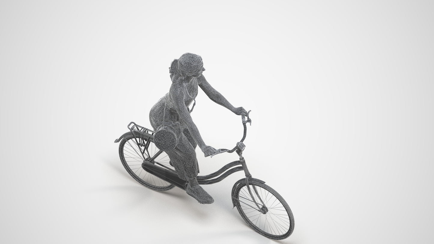 realistic 3D human girl casual cycling, archviz people FBX OBJ for Blender, wireframe three-quarter view