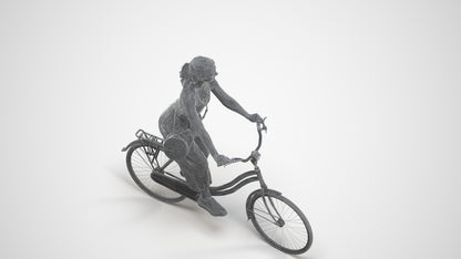 realistic 3D human girl casual cycling, archviz people FBX OBJ for Blender, wireframe three-quarter view