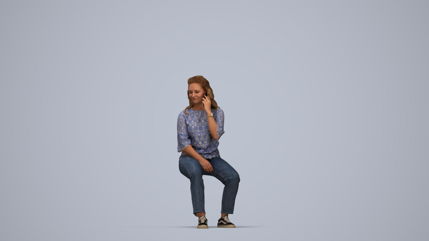 3D people model woman casual sitting, scanned human for 3ds Max rendering, top-down view render