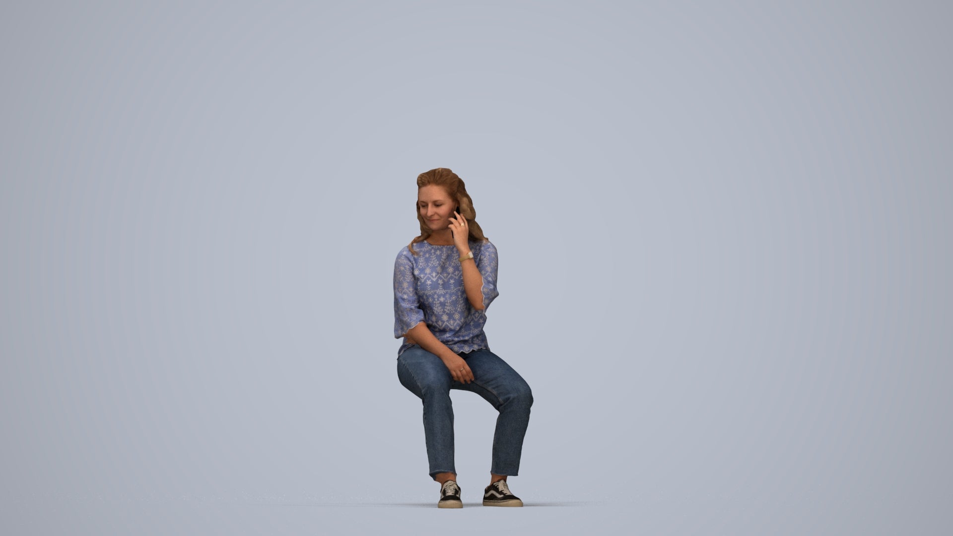 3D people model woman casual sitting, scanned human for 3ds Max rendering, top-down view render