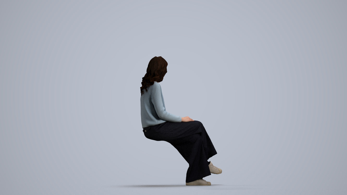 3D human model woman casual sitting, photogrammetry scanned person for archviz, front view render