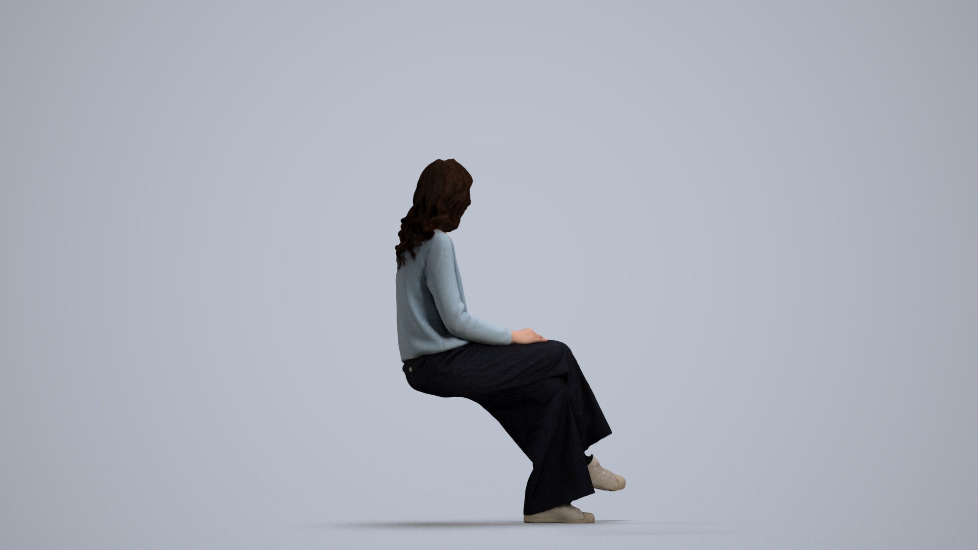 3D human model woman casual sitting, photogrammetry scanned person for archviz, front view render