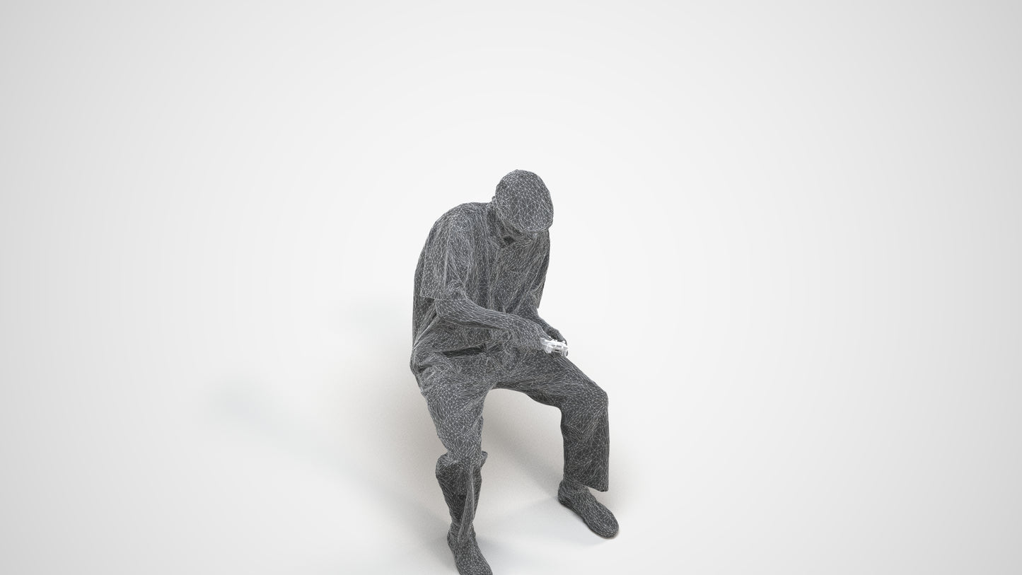 3D human model man casual sitting, photogrammetry scanned person for archviz, wireframe three-quarter view