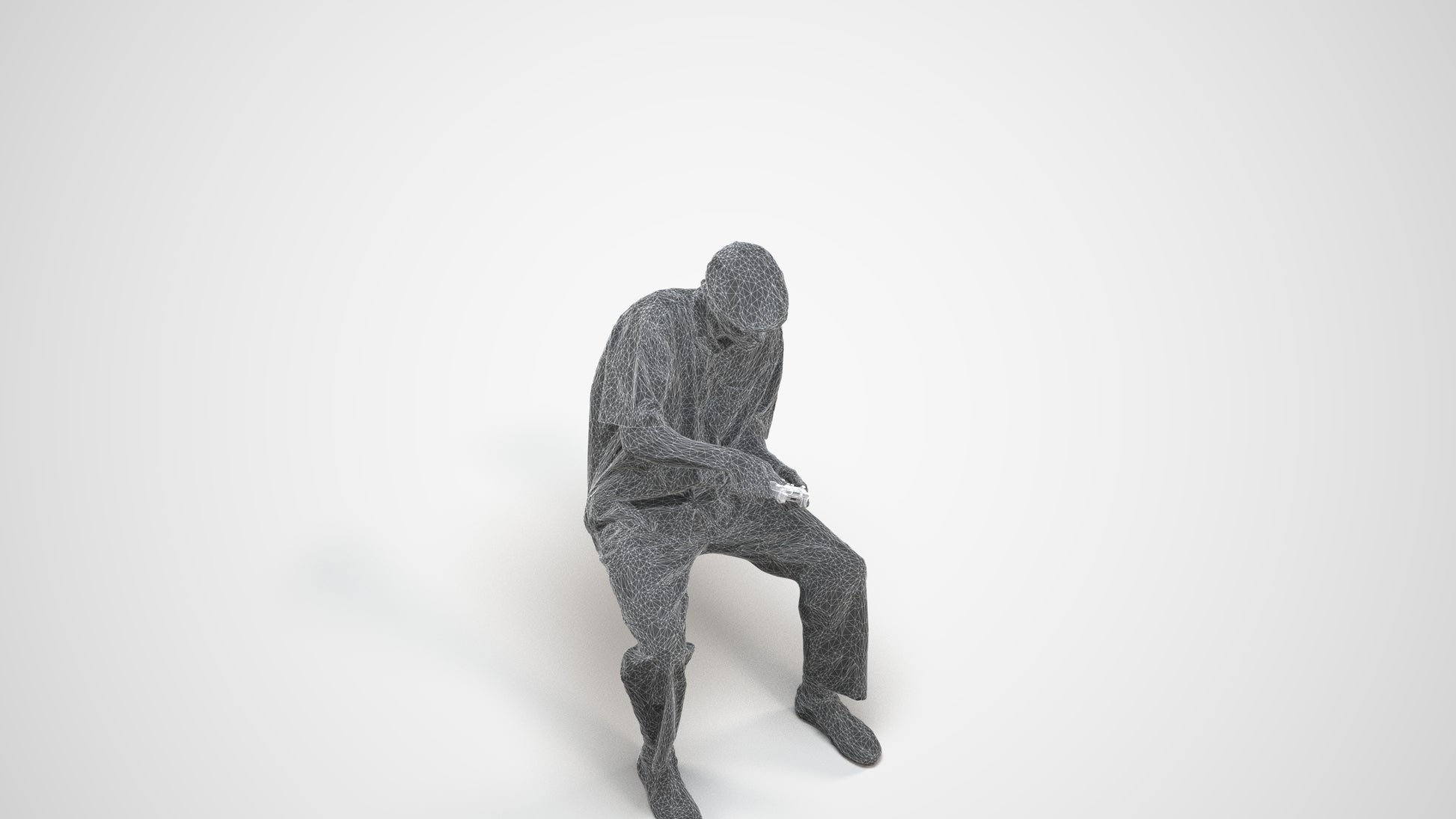 3D human model man casual sitting, photogrammetry scanned person for archviz, wireframe three-quarter view