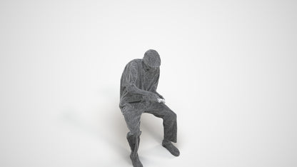 3D human model man casual sitting, photogrammetry scanned person for archviz, wireframe three-quarter view