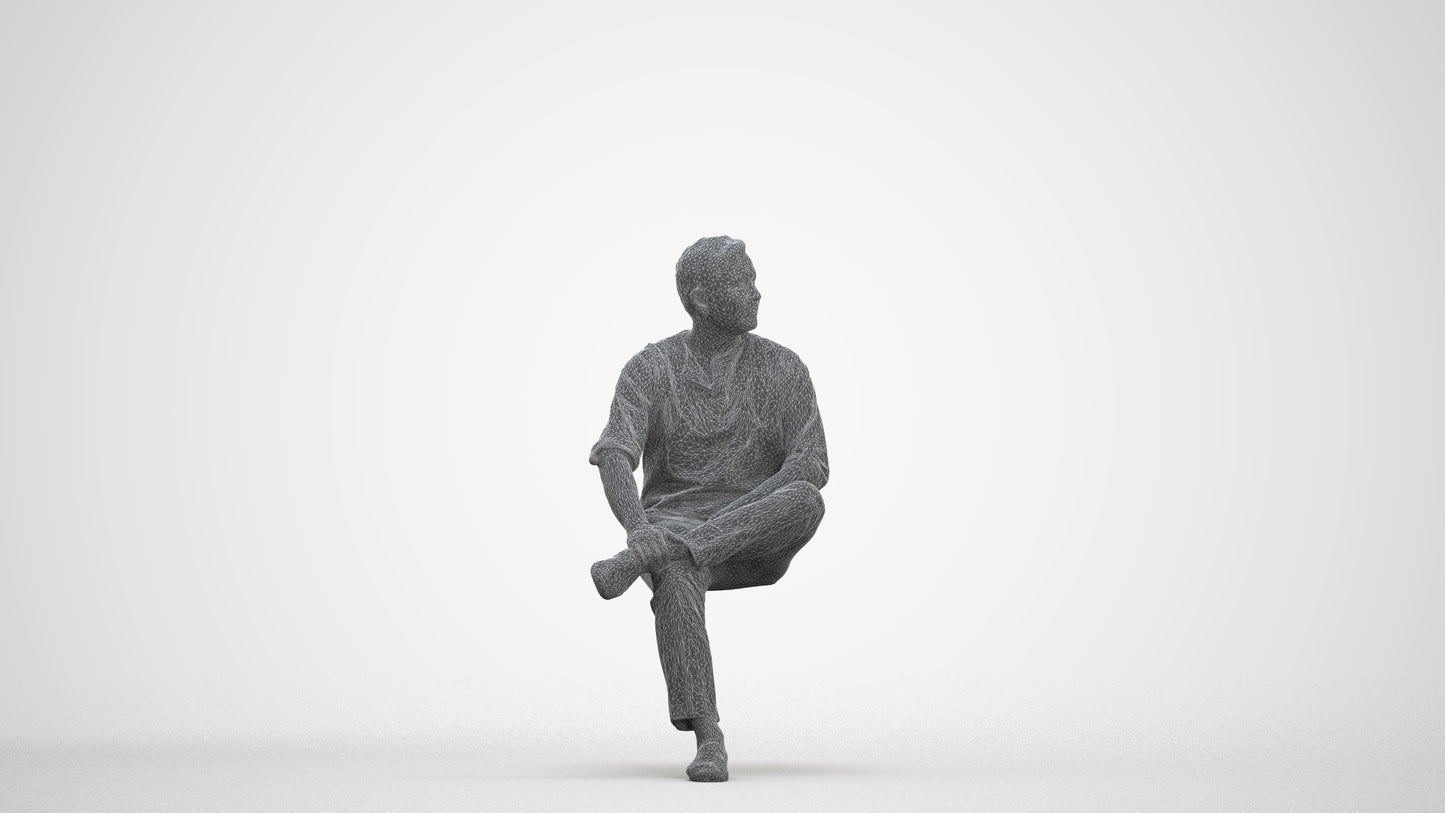 photogrammetry 3D man casual sitting, realistic human model archviz FBX, three-quarter front view render