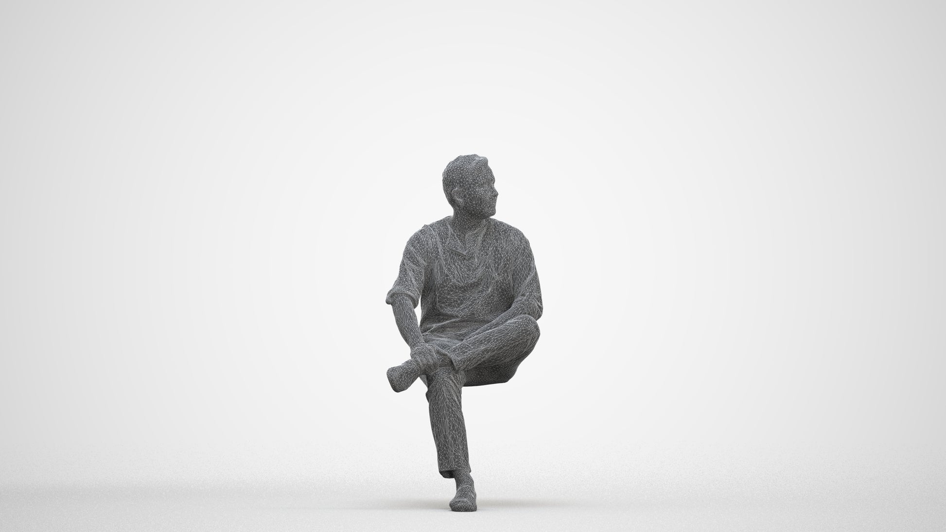 photogrammetry 3D man casual sitting, realistic human model archviz FBX, three-quarter front view render