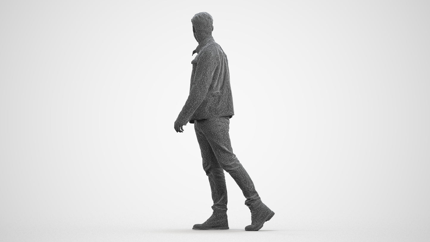 realistic 3D human man casual walking, archviz people FBX OBJ for Blender, wireframe front view