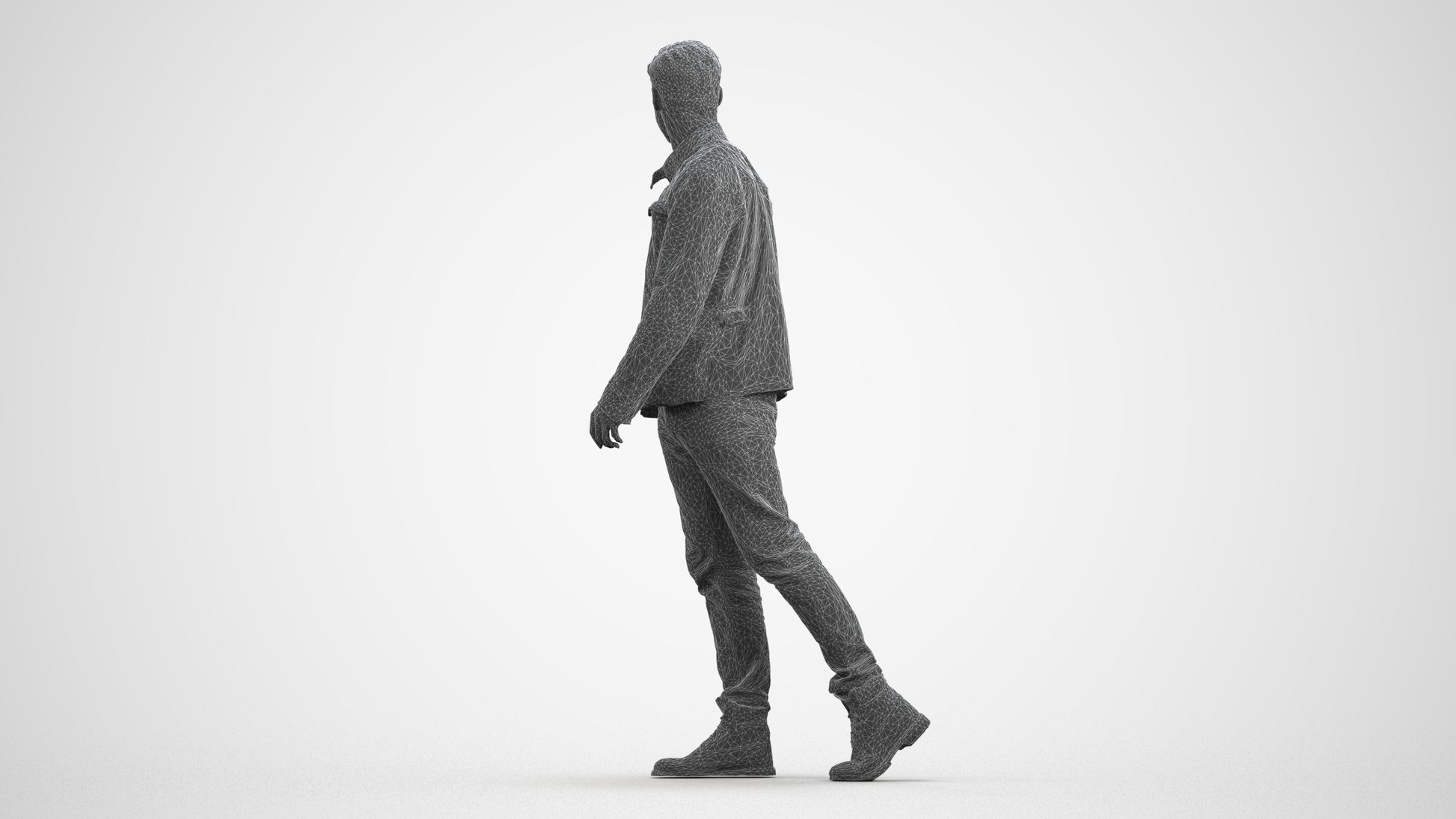 realistic 3D human man casual walking, archviz people FBX OBJ for Blender, wireframe front view