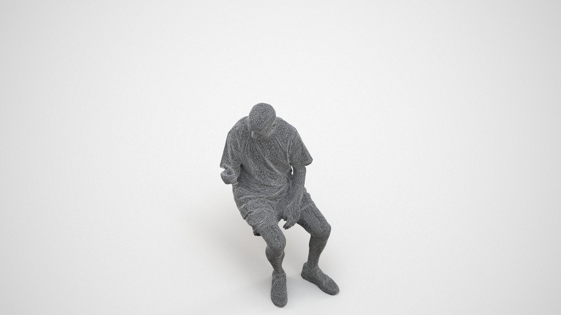 3D scanned senior man sitting casual, photorealistic archviz people for Enscape and SketchUp, wireframe three-quarter view