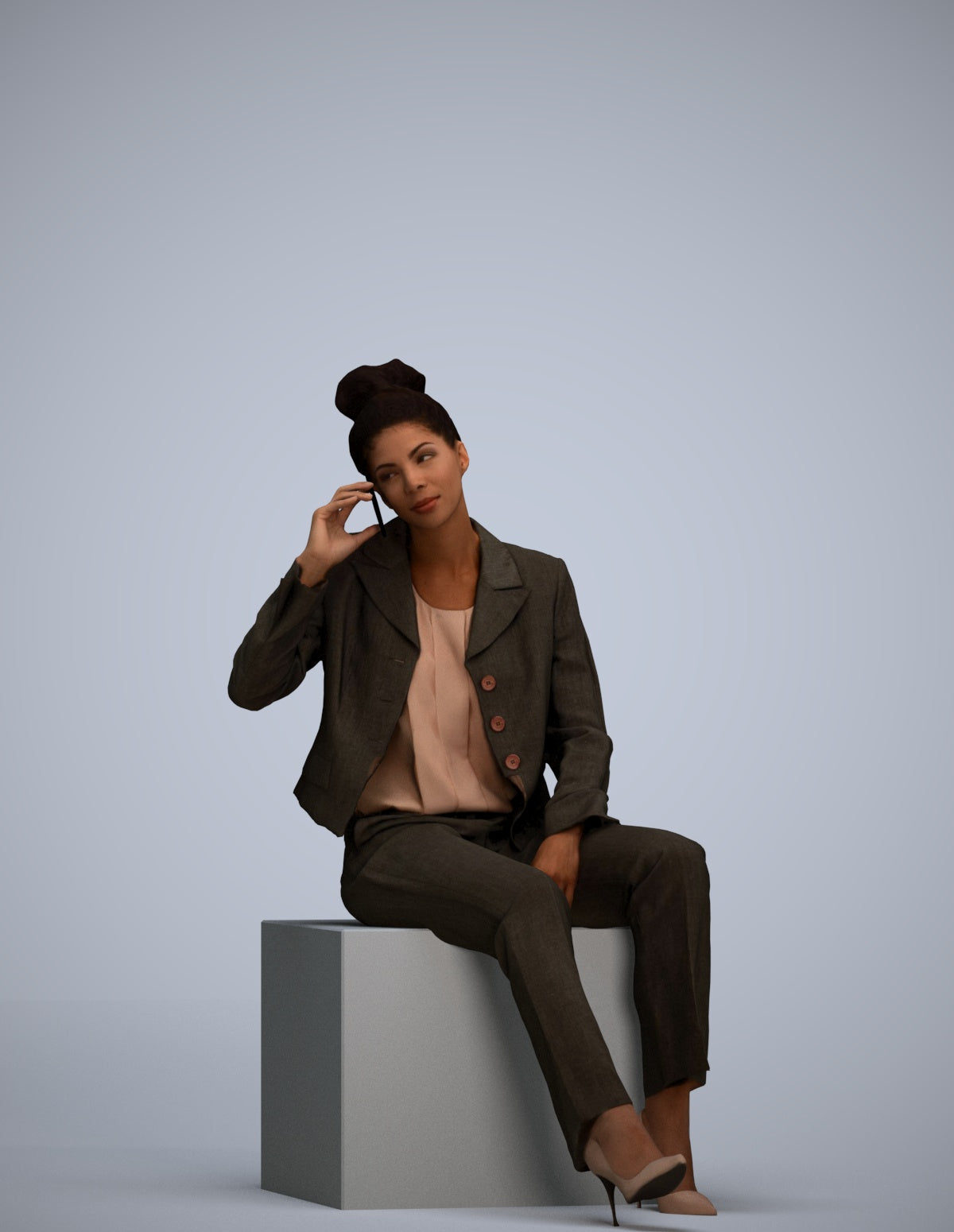 3D human model woman business sitting, photogrammetry scanned person for archviz