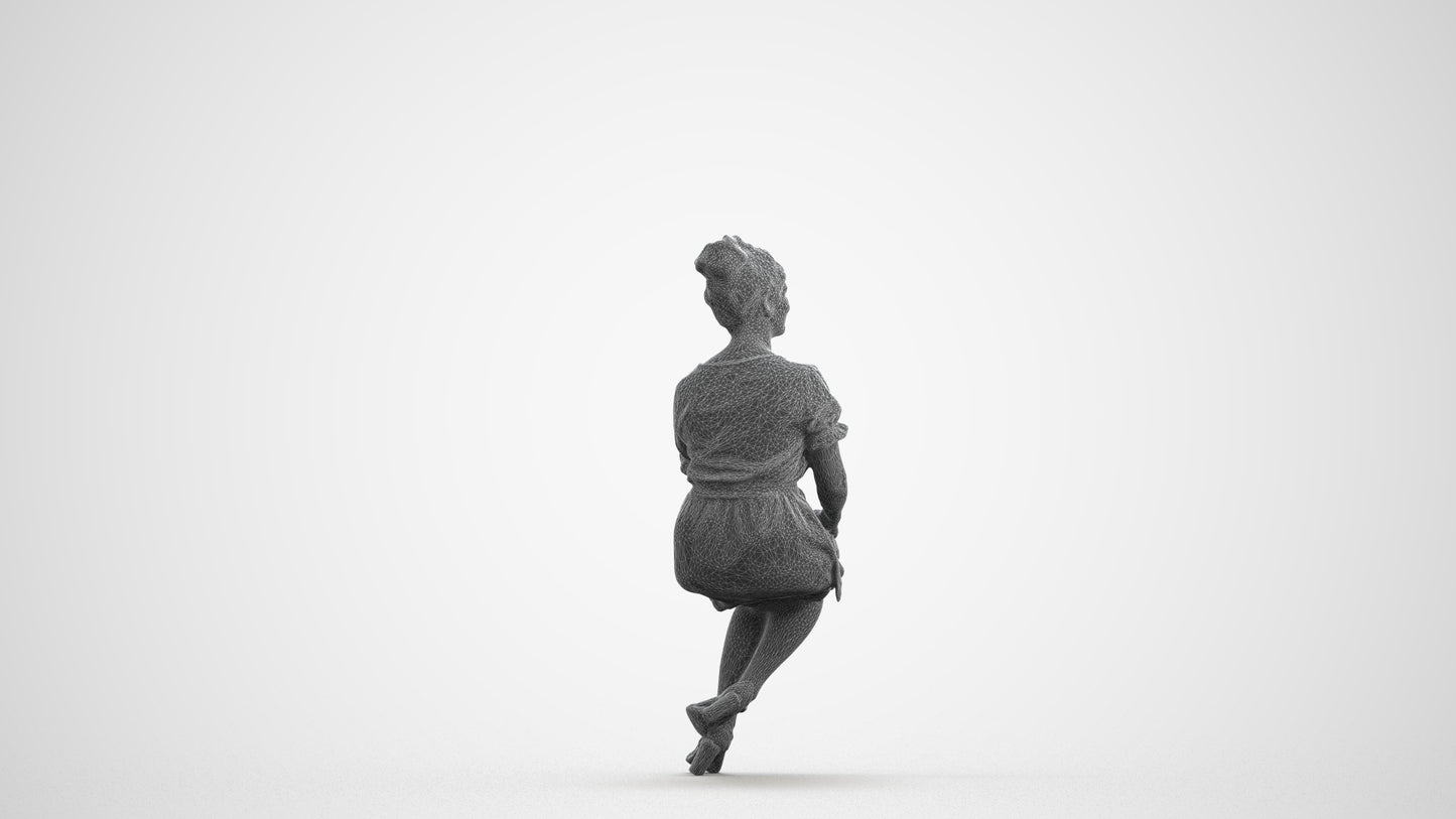 3D scanned woman sitting casual, photorealistic archviz people for Enscape and SketchUp, wireframe front view