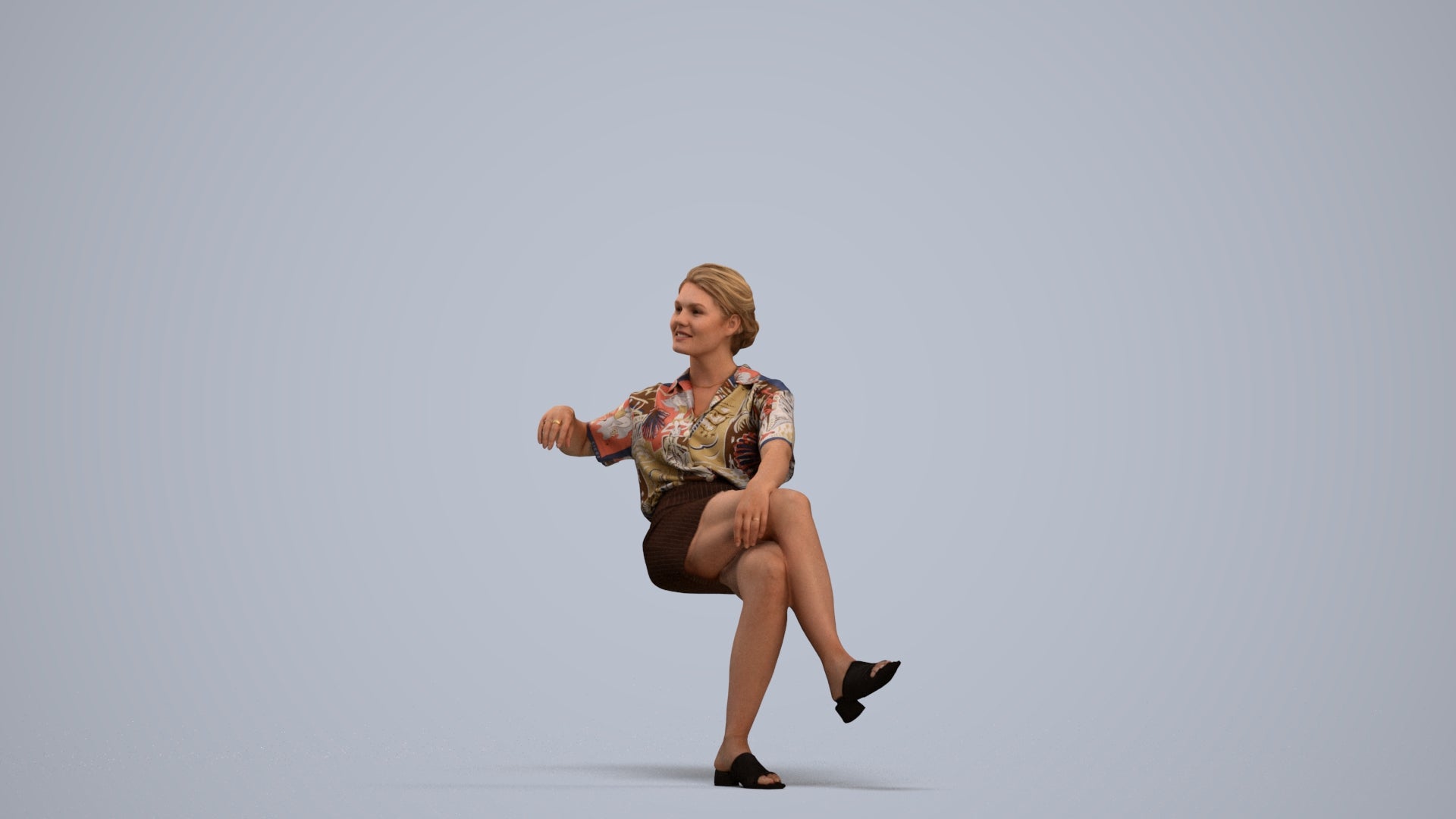3D human model woman casual sitting, photogrammetry scanned person for archviz, standing pose render