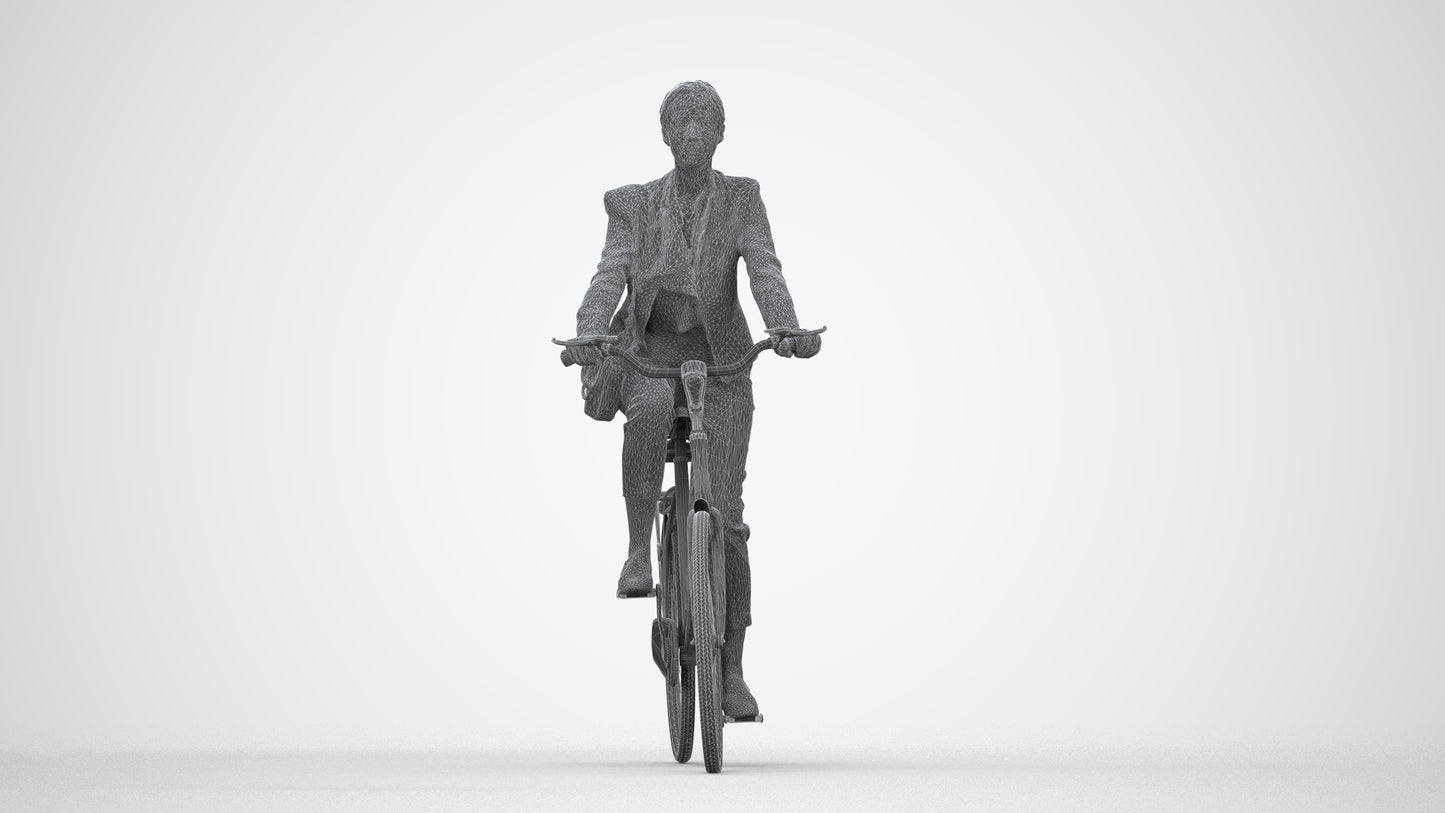realistic 3D woman business cycling, scanned archviz people for Blender and 3ds Max, wireframe back view