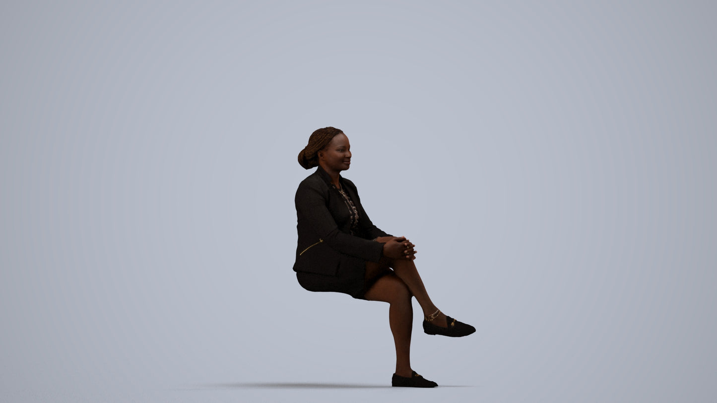 3D human model woman business sitting, photogrammetry scanned person for archviz, side view render