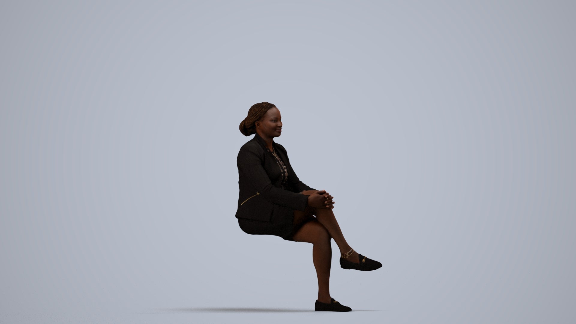 3D human model woman business sitting, photogrammetry scanned person for archviz, side view render