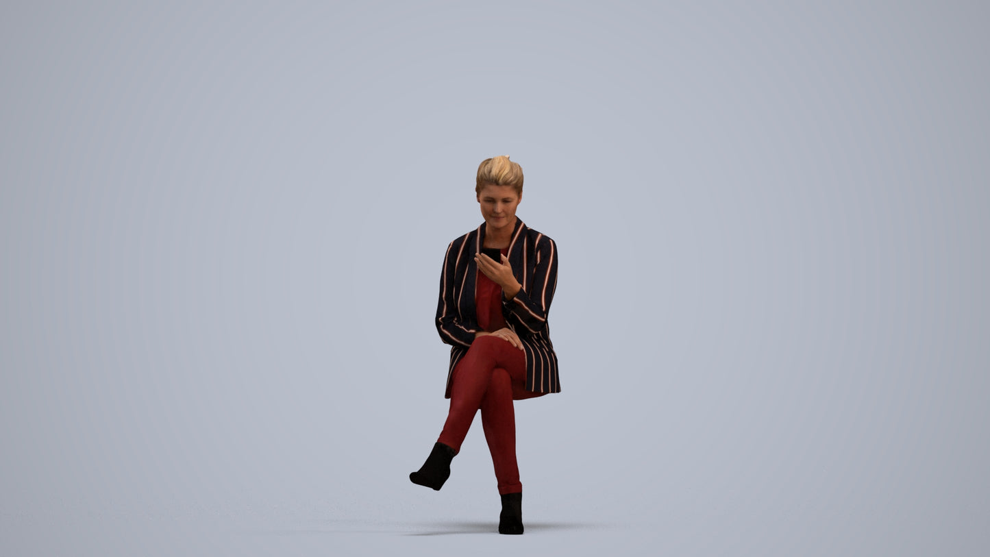 3D scanned woman sitting business, photorealistic archviz people for Enscape and SketchUp, standing pose render