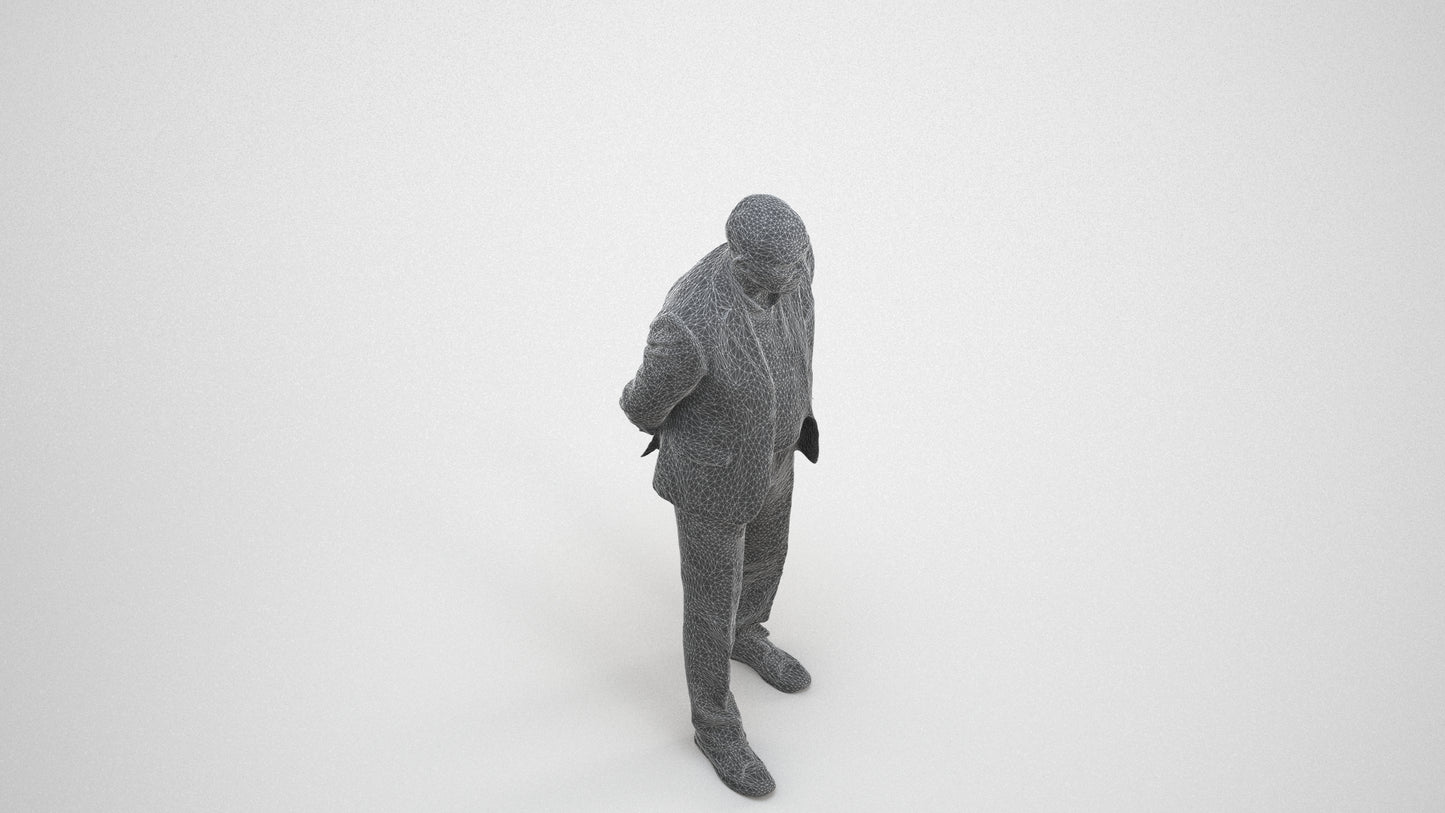 realistic 3D senior man business standing, scanned archviz people for Blender and 3ds Max, wireframe three-quarter view
