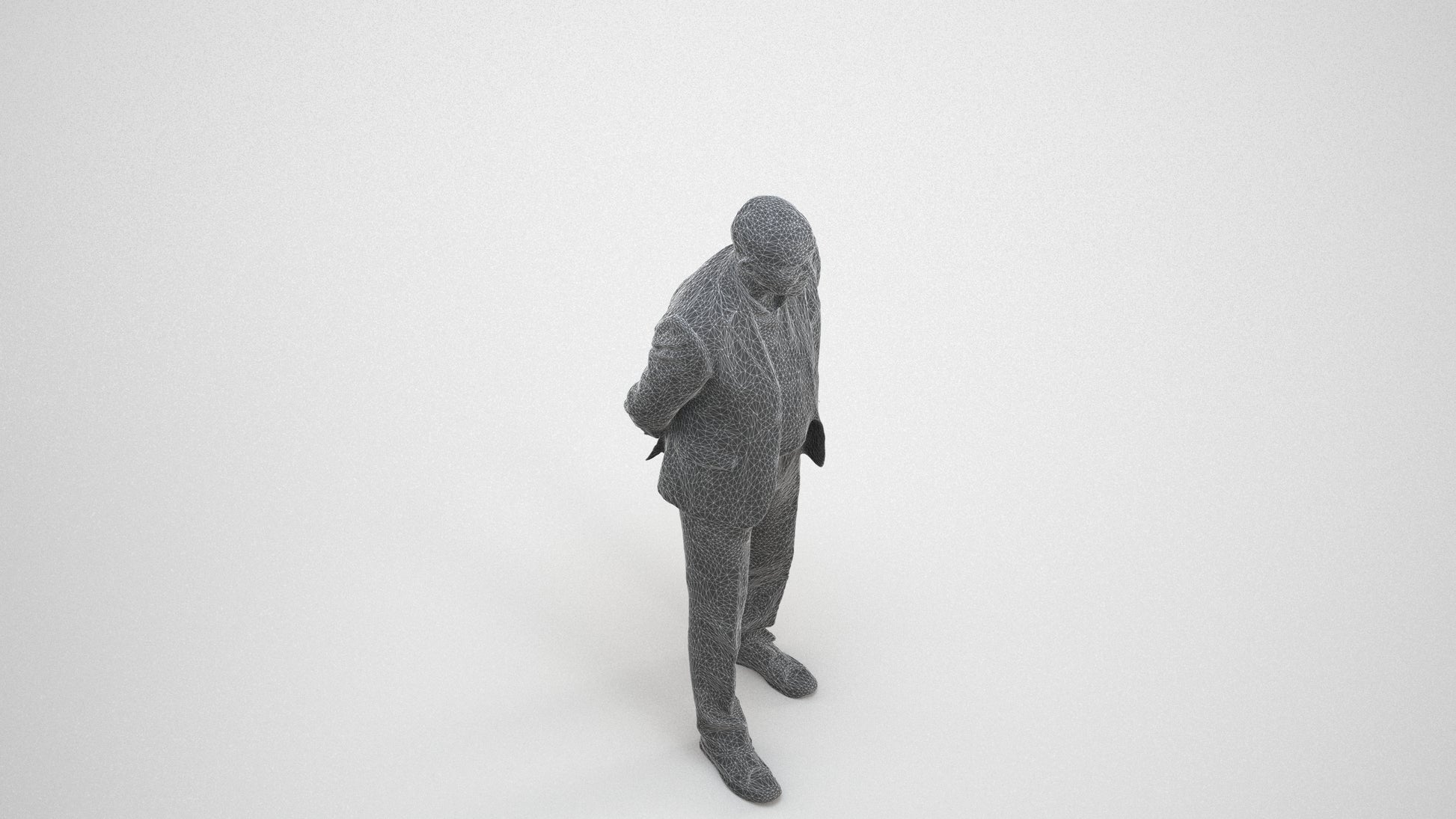 realistic 3D senior man business standing, scanned archviz people for Blender and 3ds Max, wireframe three-quarter view
