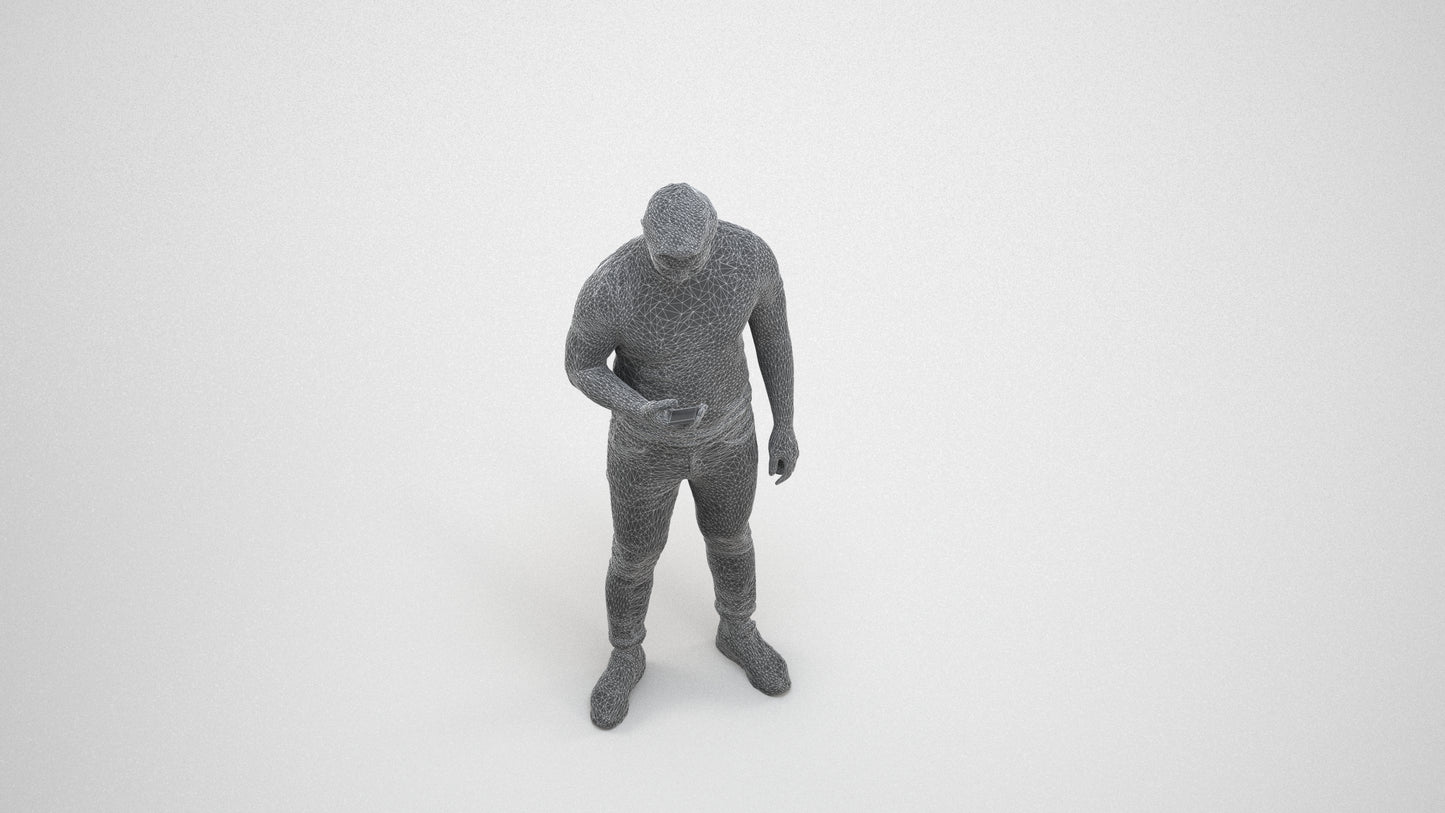 photogrammetry 3D man casual standing, realistic human model archviz FBX, wireframe three-quarter view