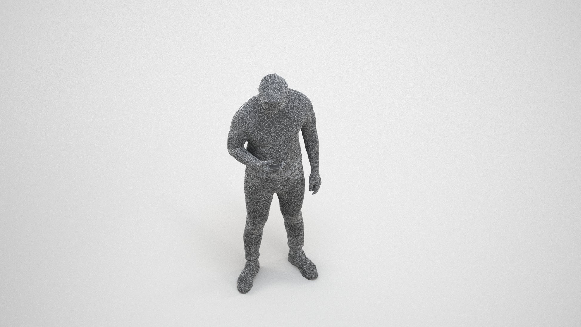 photogrammetry 3D man casual standing, realistic human model archviz FBX, wireframe three-quarter view