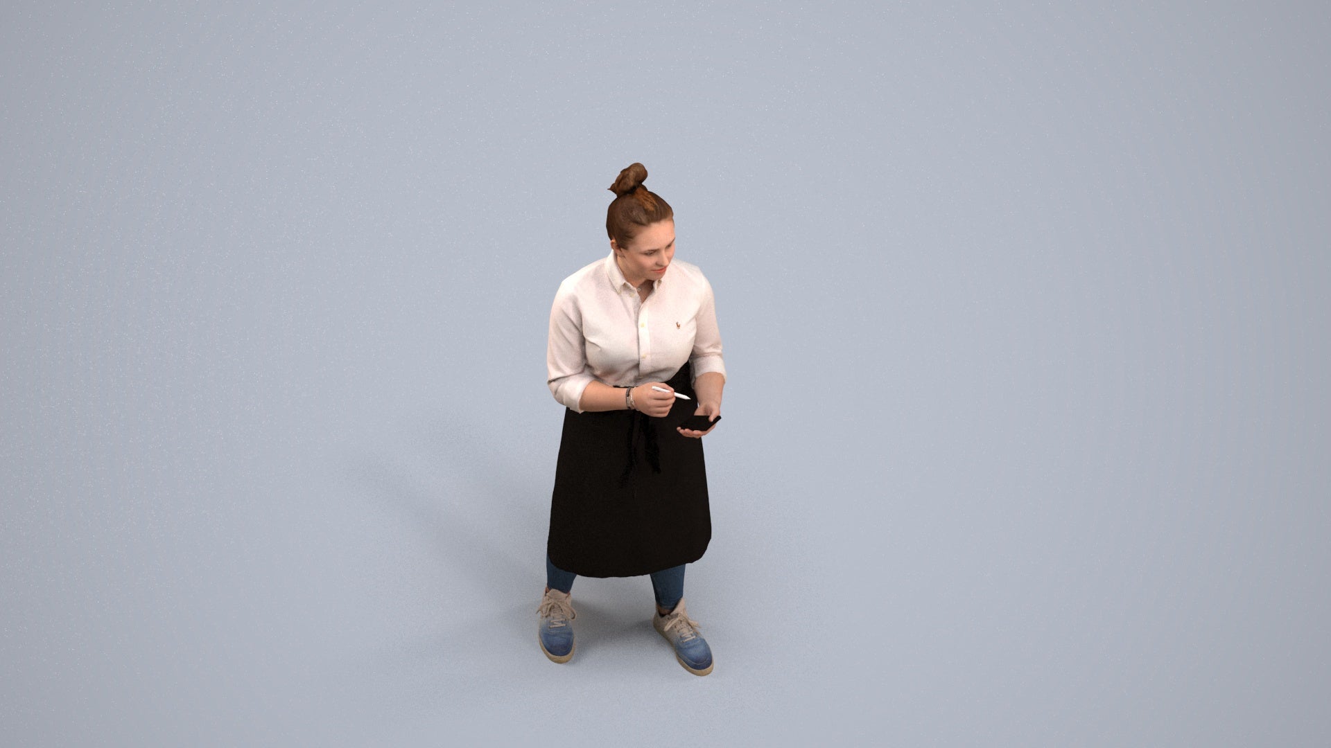 3D human model woman standing, photogrammetry scanned person for archviz, back view render