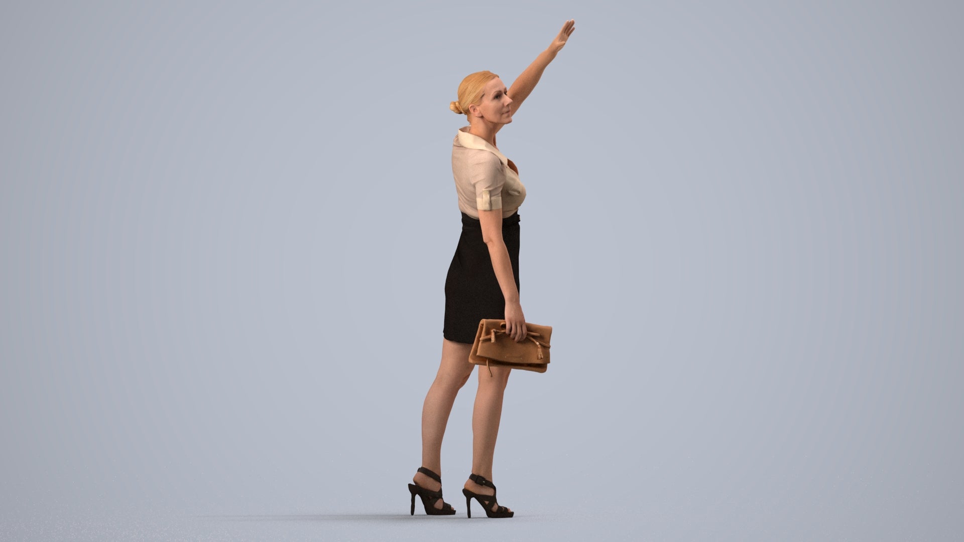 3D scanned woman standing business, photorealistic archviz people for Enscape and SketchUp, side view render