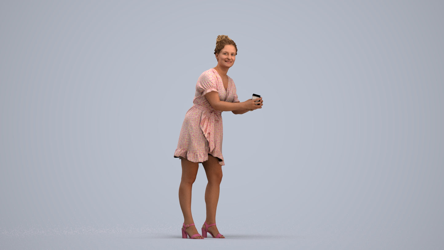 3D human model woman casual standing, photogrammetry scanned person for archviz, standing pose render
