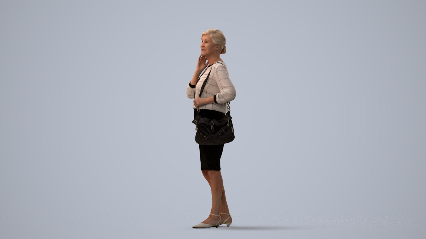 realistic 3D human senior woman business standing, archviz people FBX OBJ for Blender, three-quarter view render