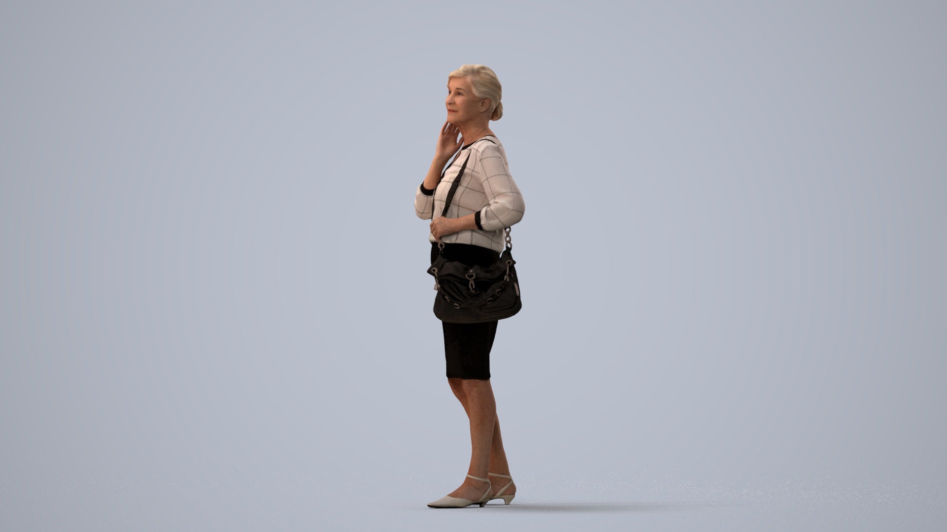 realistic 3D human senior woman business standing, archviz people FBX OBJ for Blender, three-quarter view render