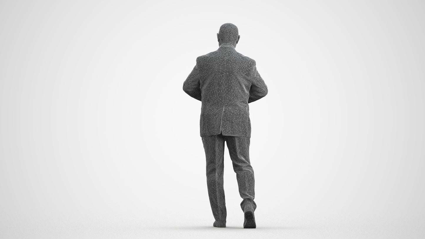 3D human model senior man business mix, photogrammetry scanned person for archviz, wireframe front view